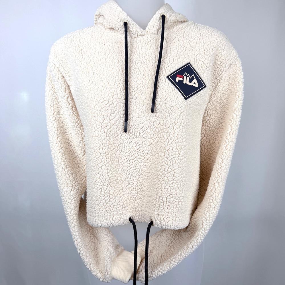 FILA MTN Adam Women's S Cream Sherpa Fleece Cropped Hoodie Pullover Logo